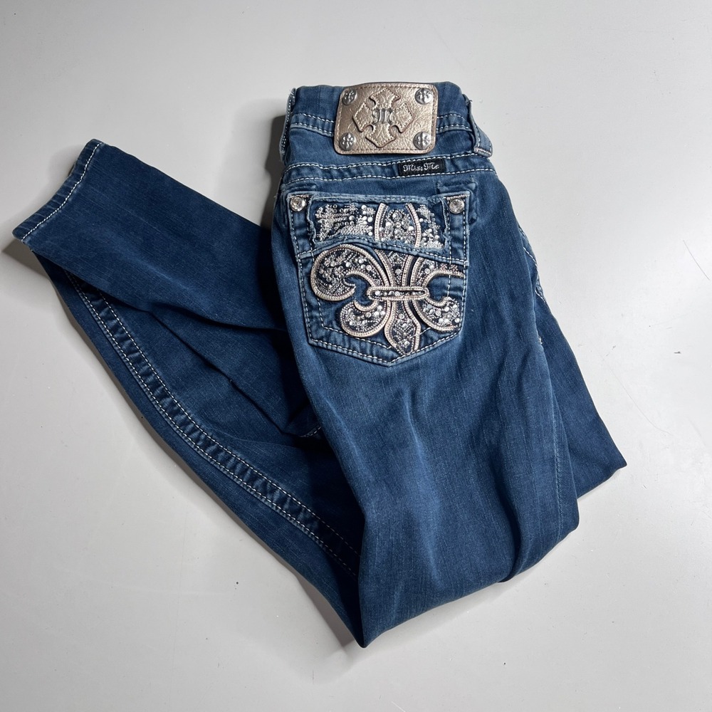 Miss Me Signature Ankle Skinny Jeans Fleur De Lis Embellished Blue Denim‎ 24 28